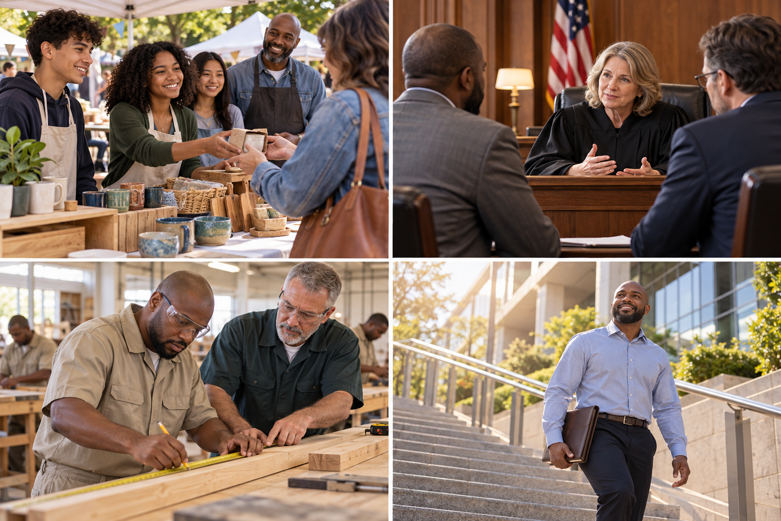 Four illustrations: young people selling goods; a judge speaking respectfully with a defendant; a prisoner learning skilled work; and a returning citizen ascending toward new opportunity
